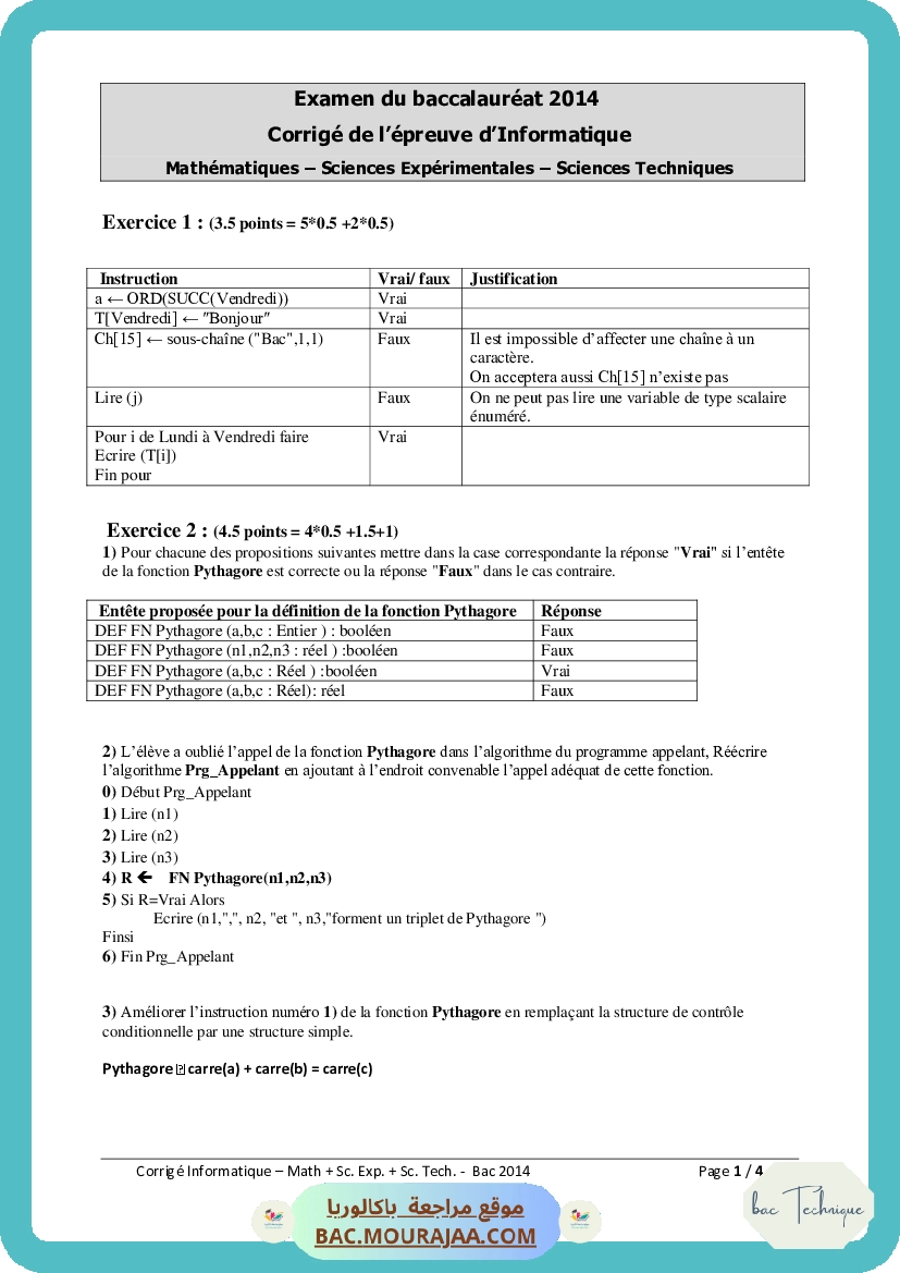 Corrigé principale info Bac 2014 – Section technique
